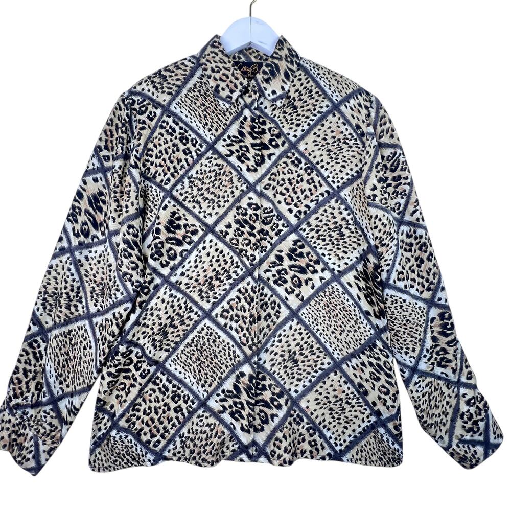 VTG Corey B Silk Leopard Print Blouse Top 4 Long Sleeve Button Down Animal Print